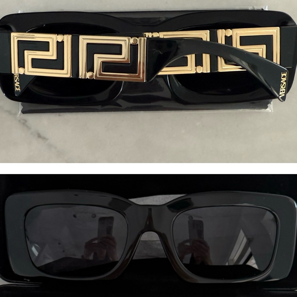 Versace Rectangular Black / Gold Sunglasses, With… - image 3